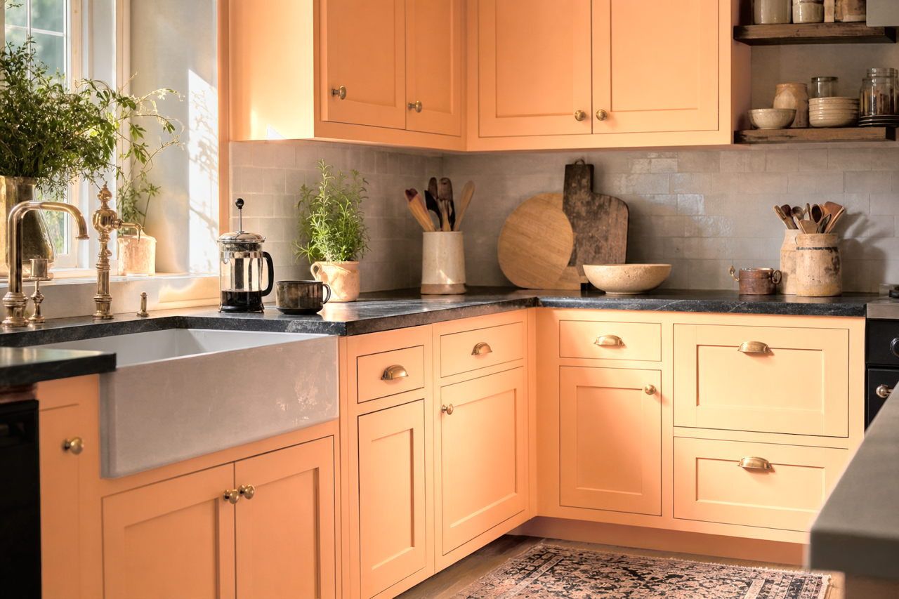 Sassy Peach by Valspar on cabinets
