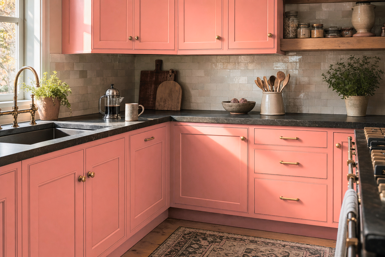 Salmon Rose by Valspar on cabinets