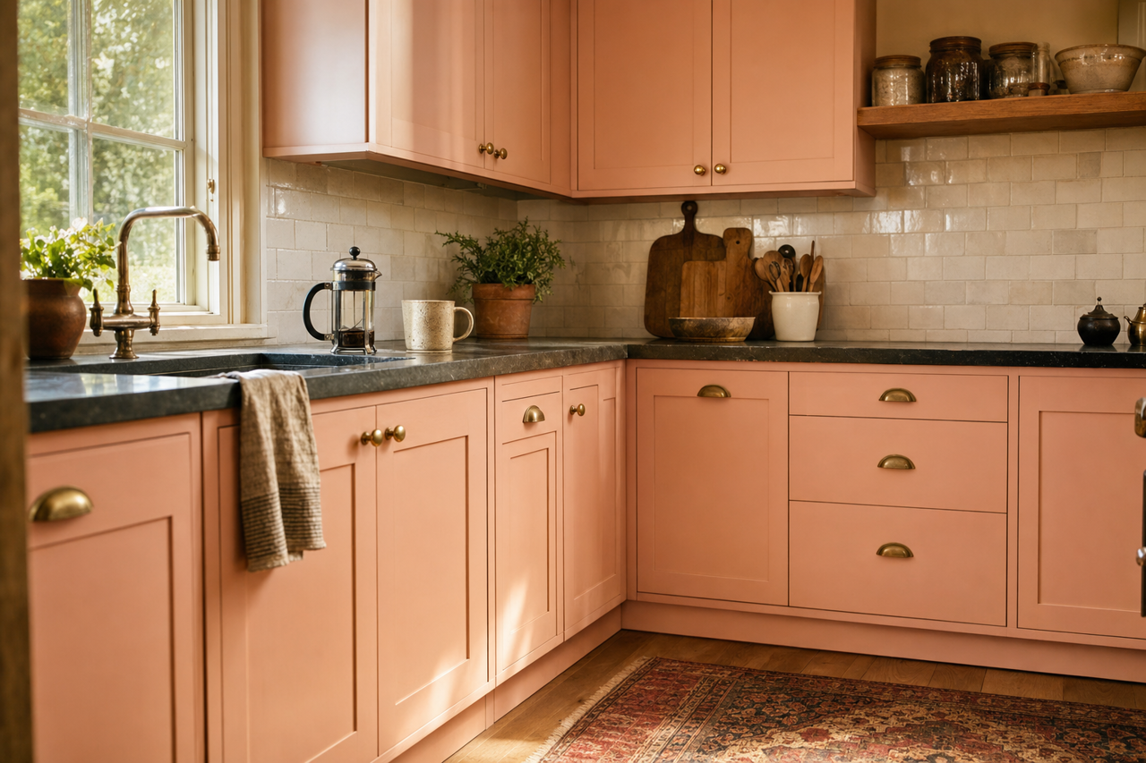 Salmon Bisque by Valspar on cabinets