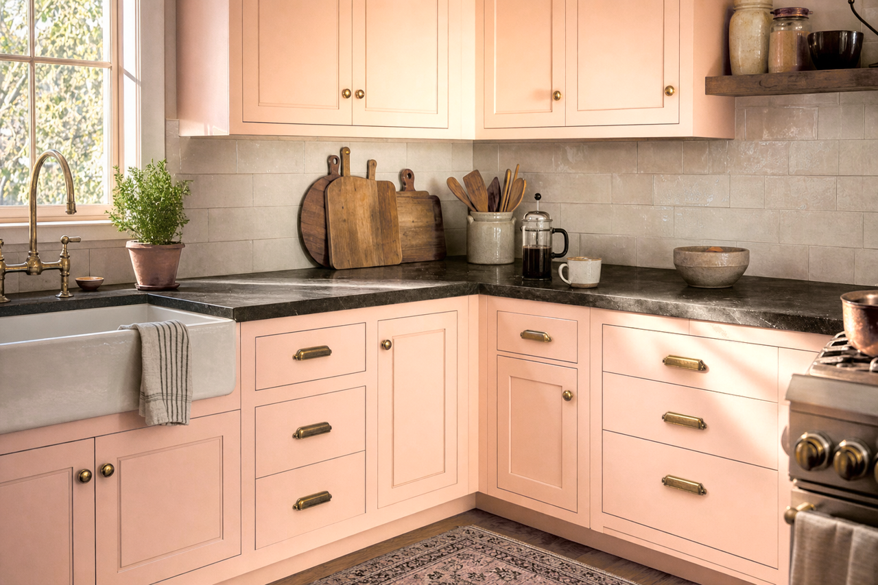 Pale Satin Peach by Valspar on cabinets