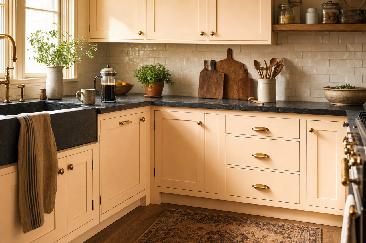 Subtle Peach by Valspar on cabinets