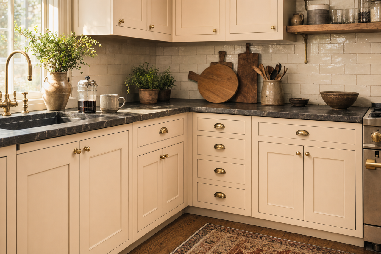 Sand Storm by Valspar on cabinets