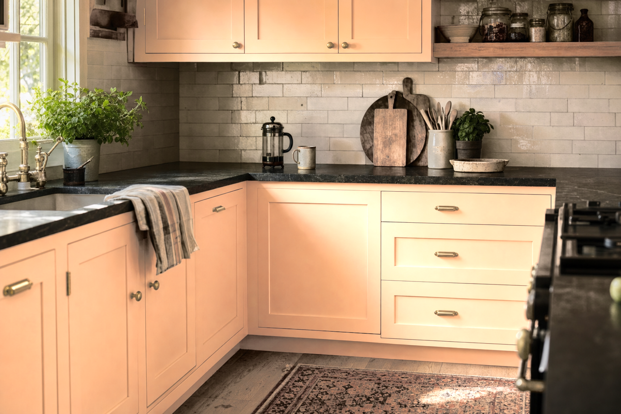 Simply Peach by Valspar on cabinets