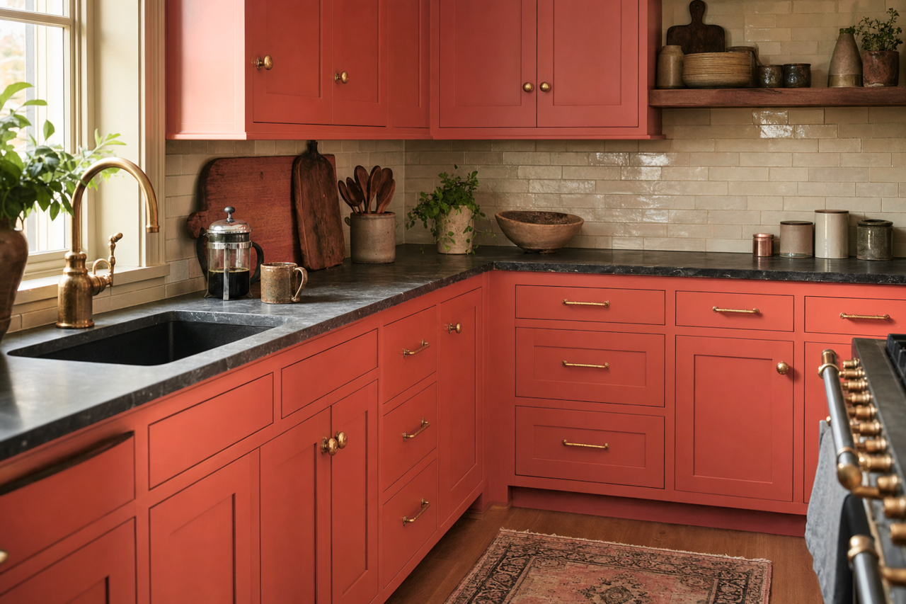 Terra Cotta Red by Valspar on cabinets