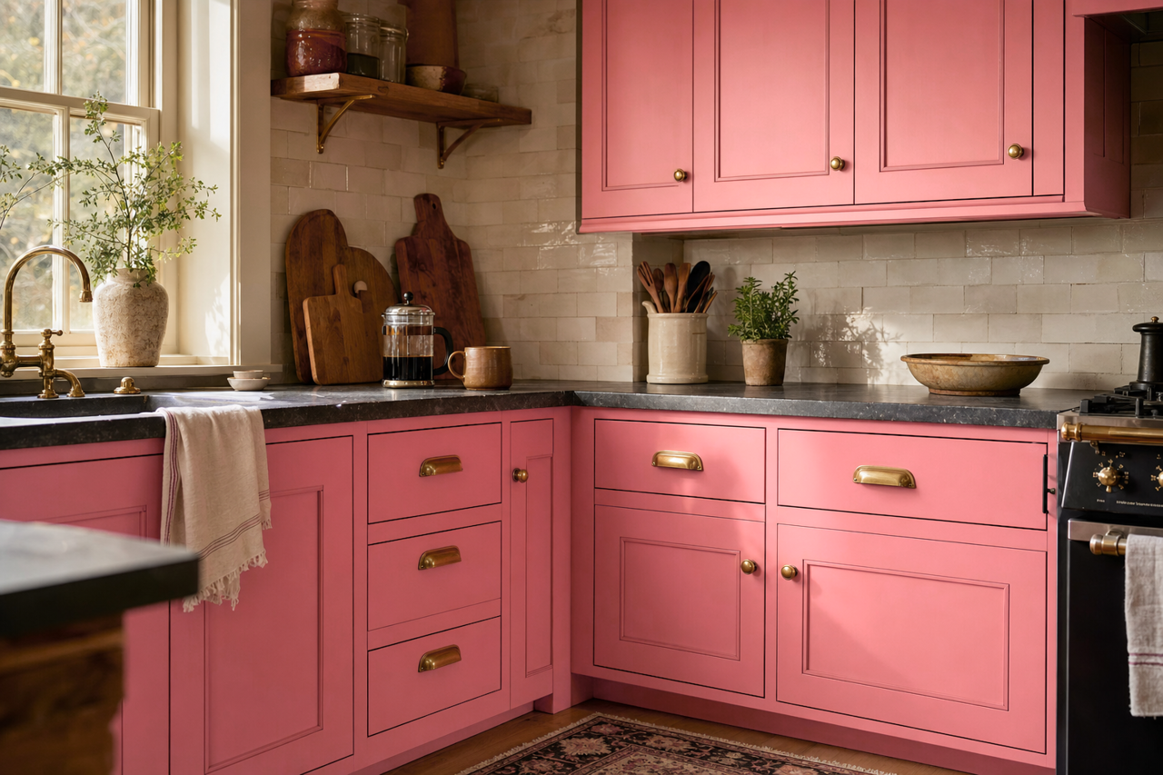 Pink by Benjamin Moore on cabinets