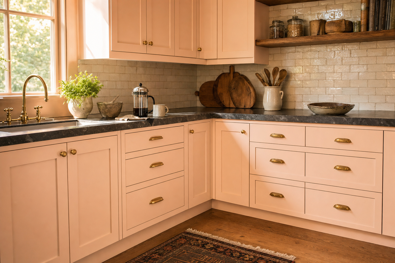 Champagne Pink by Valspar on cabinets