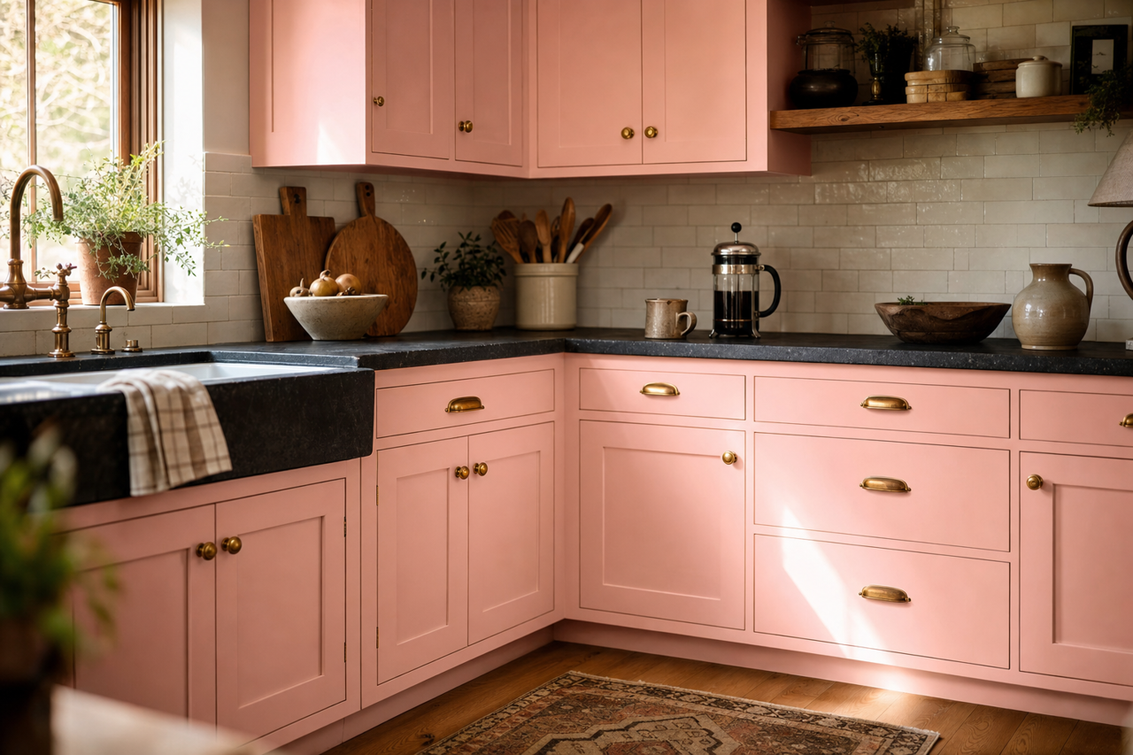 Pink by Benjamin Moore on cabinets