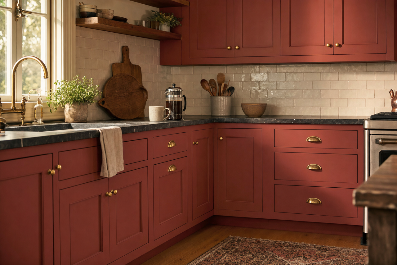 Red by Benjamin Moore on cabinets