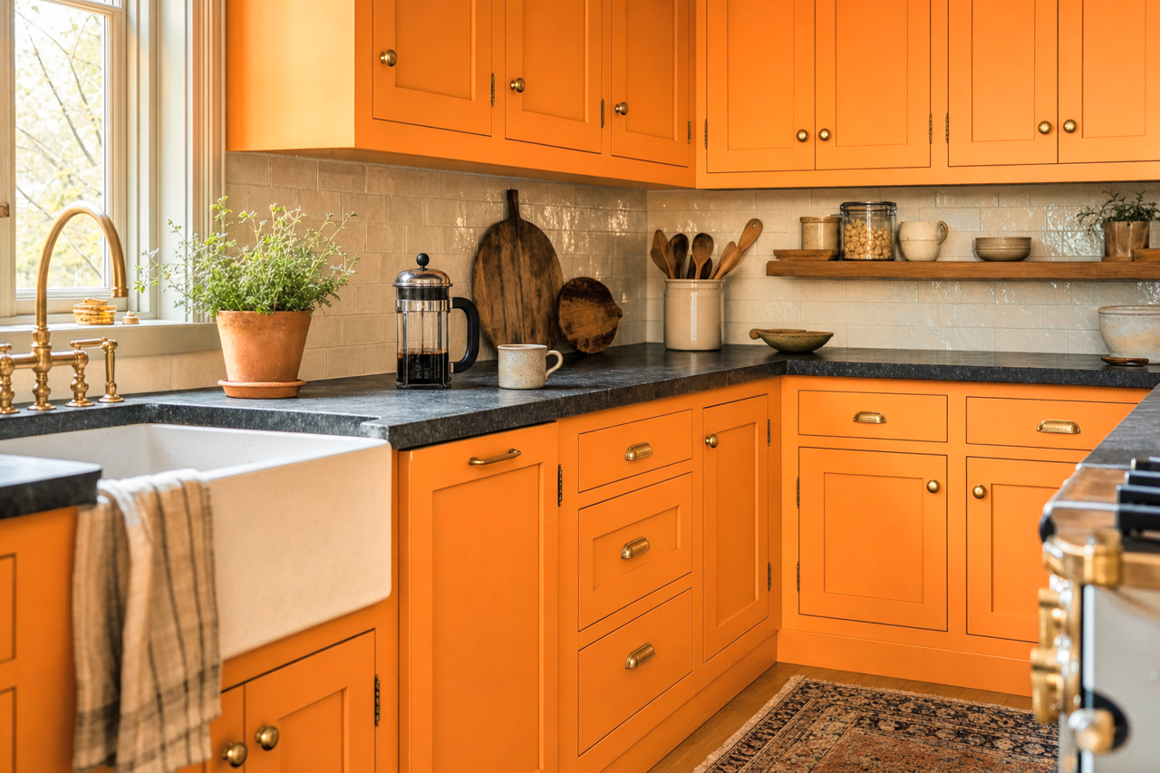 Pumpkin Custard by Valspar on cabinets
