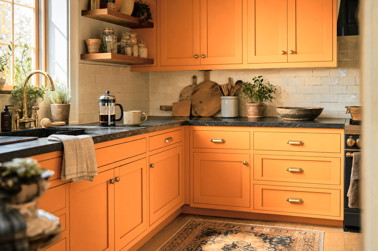 Pumpkin Burst by Valspar on cabinets