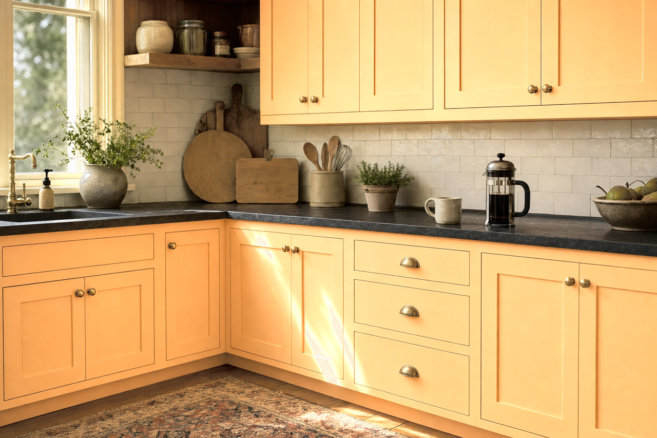 Apricot Butter by Valspar on cabinets