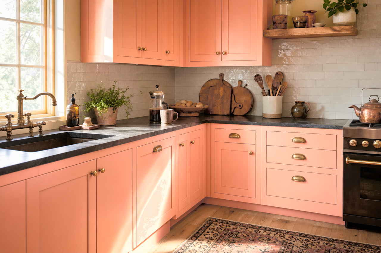 Apricot Jam by Valspar on cabinets