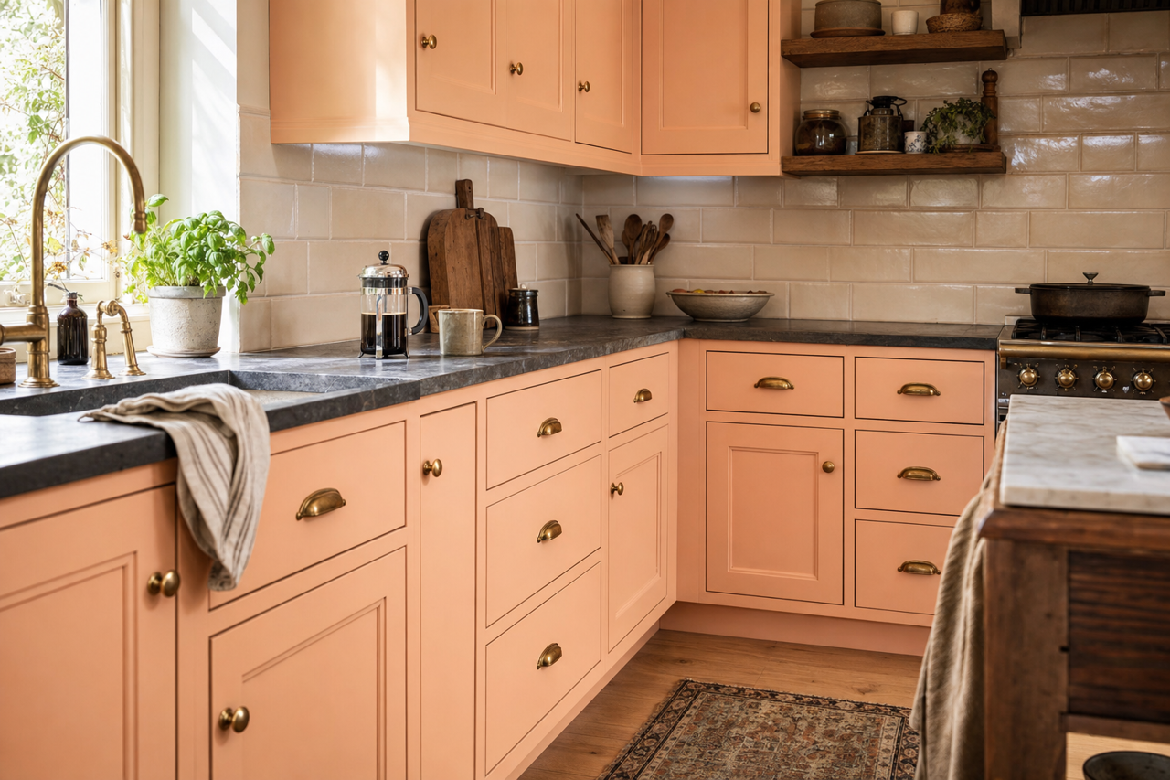 Coral Peach by Valspar on cabinets
