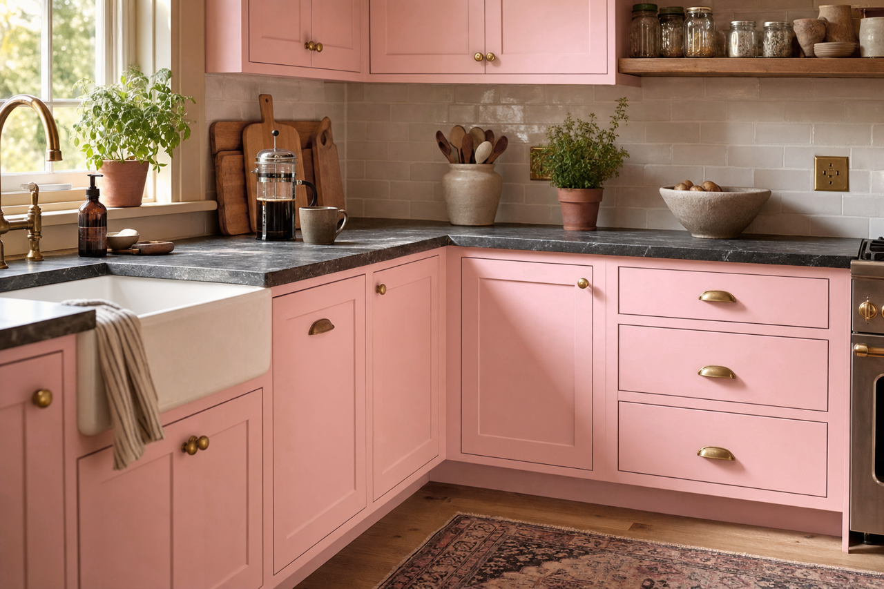 Pink by Benjamin Moore on cabinets