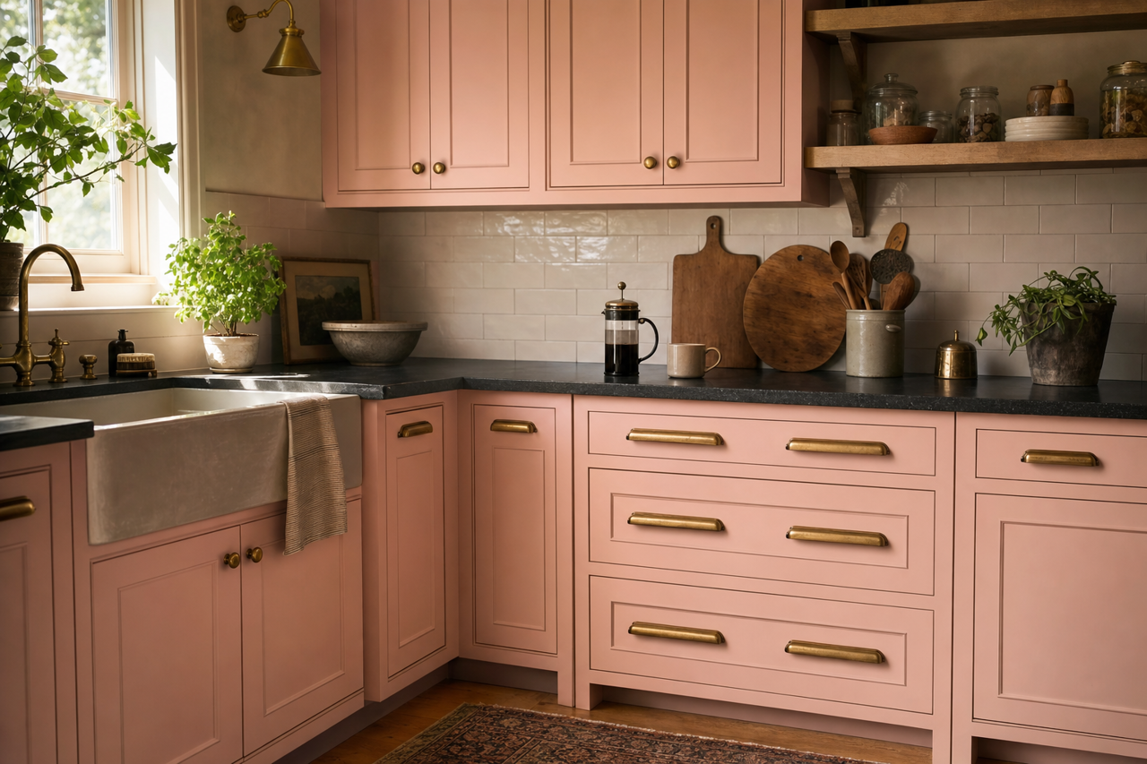 Pink by Benjamin Moore on cabinets