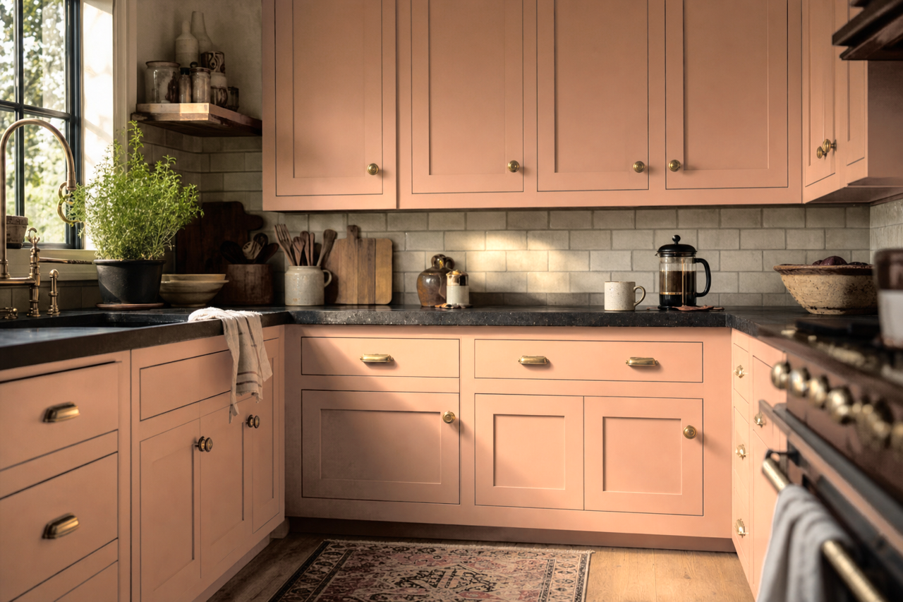 Desert Carnation by Valspar on cabinets