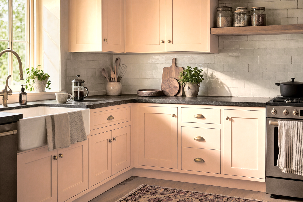 Resort Peach by Valspar on cabinets