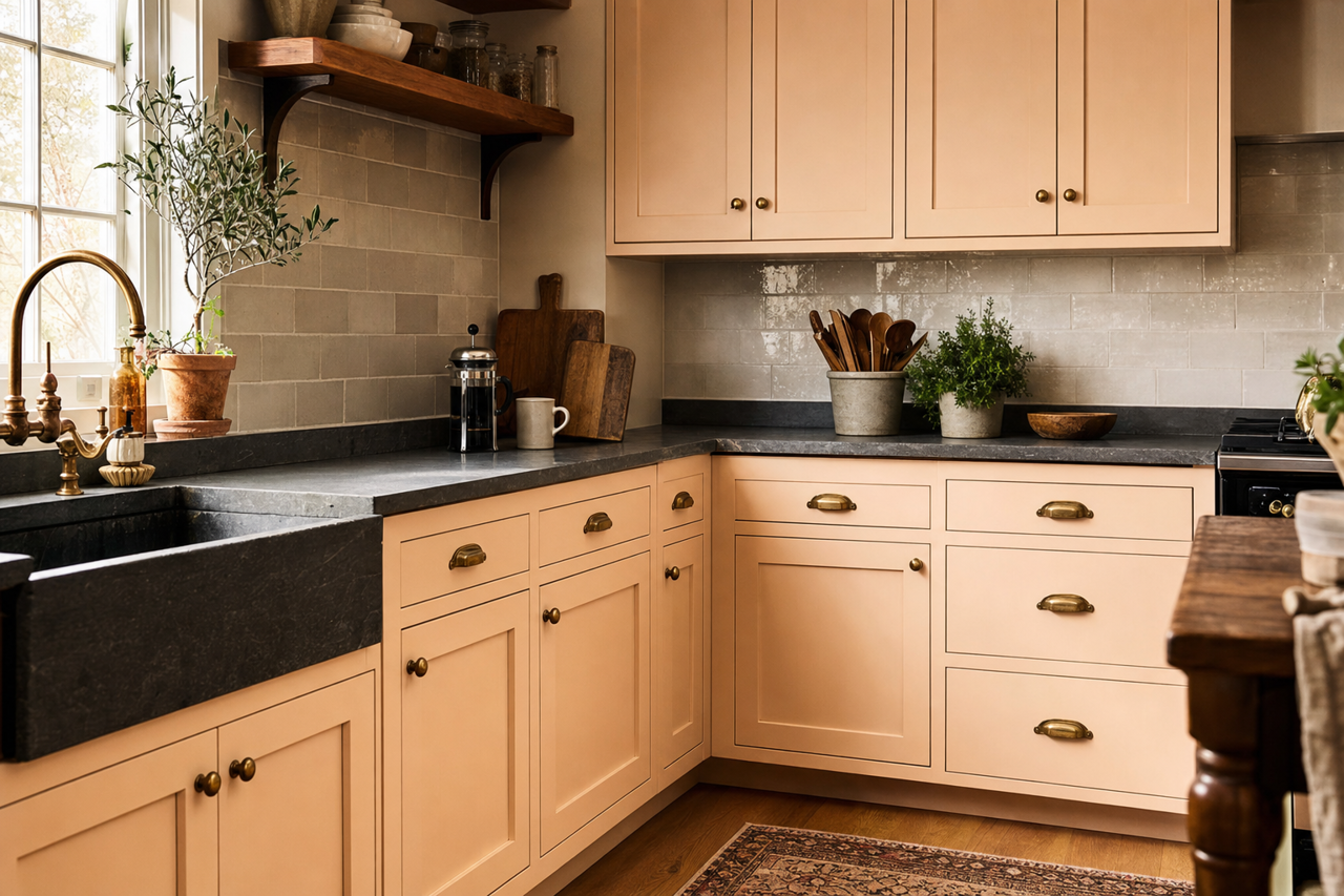 Buttery Pink by Valspar on cabinets