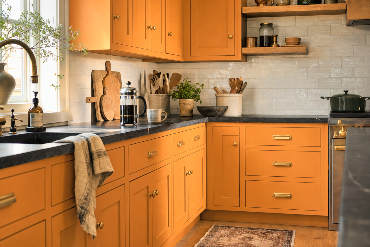 Toasted Pumpkin by Valspar on cabinets