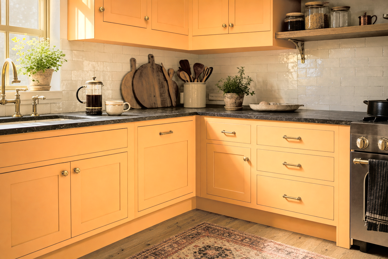 Orange Cream by Valspar on cabinets