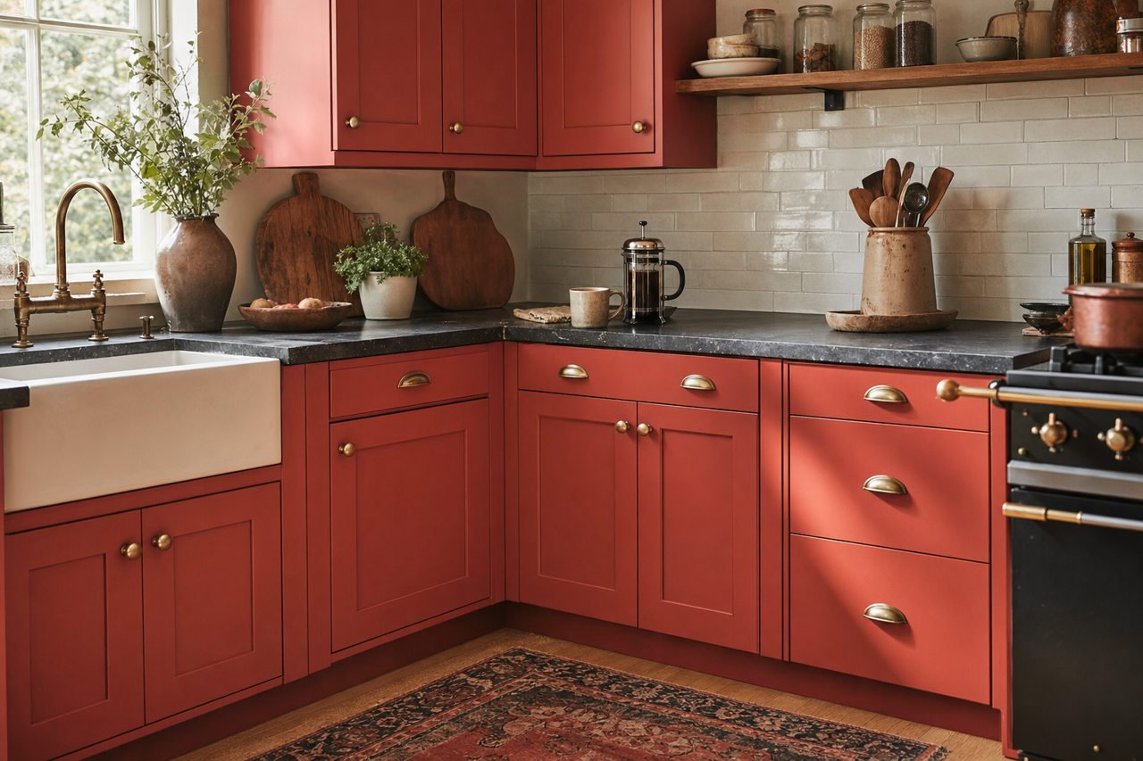 Sangria by Benjamin Moore on cabinets