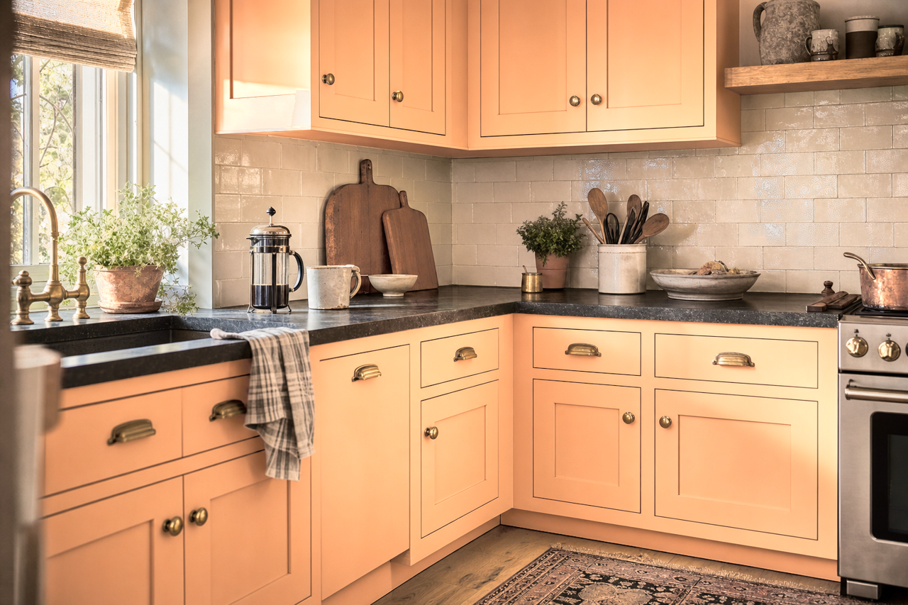 Peach Taffy by Valspar on cabinets