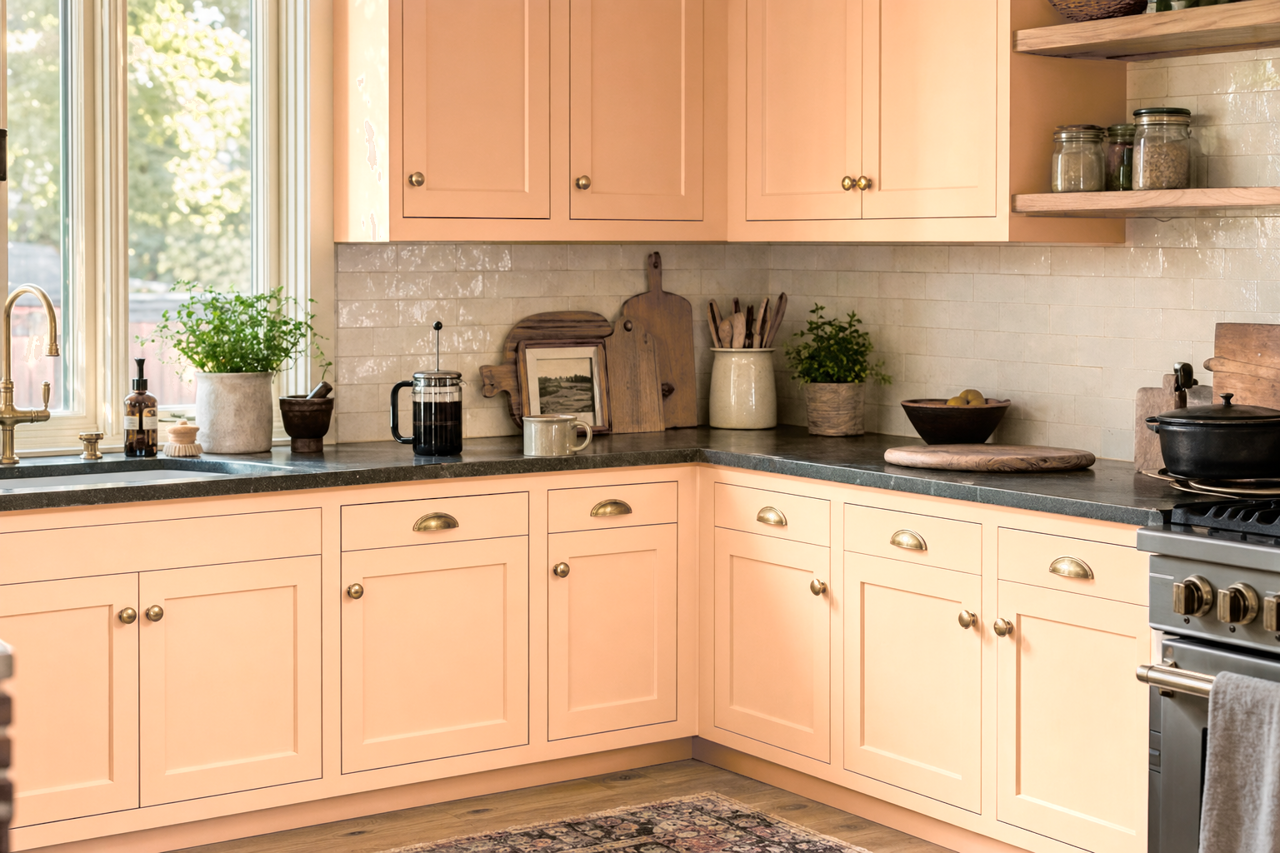 Peach Encounter by Valspar on cabinets