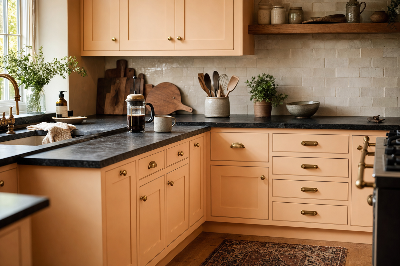 Peach Champagne by Valspar on cabinets