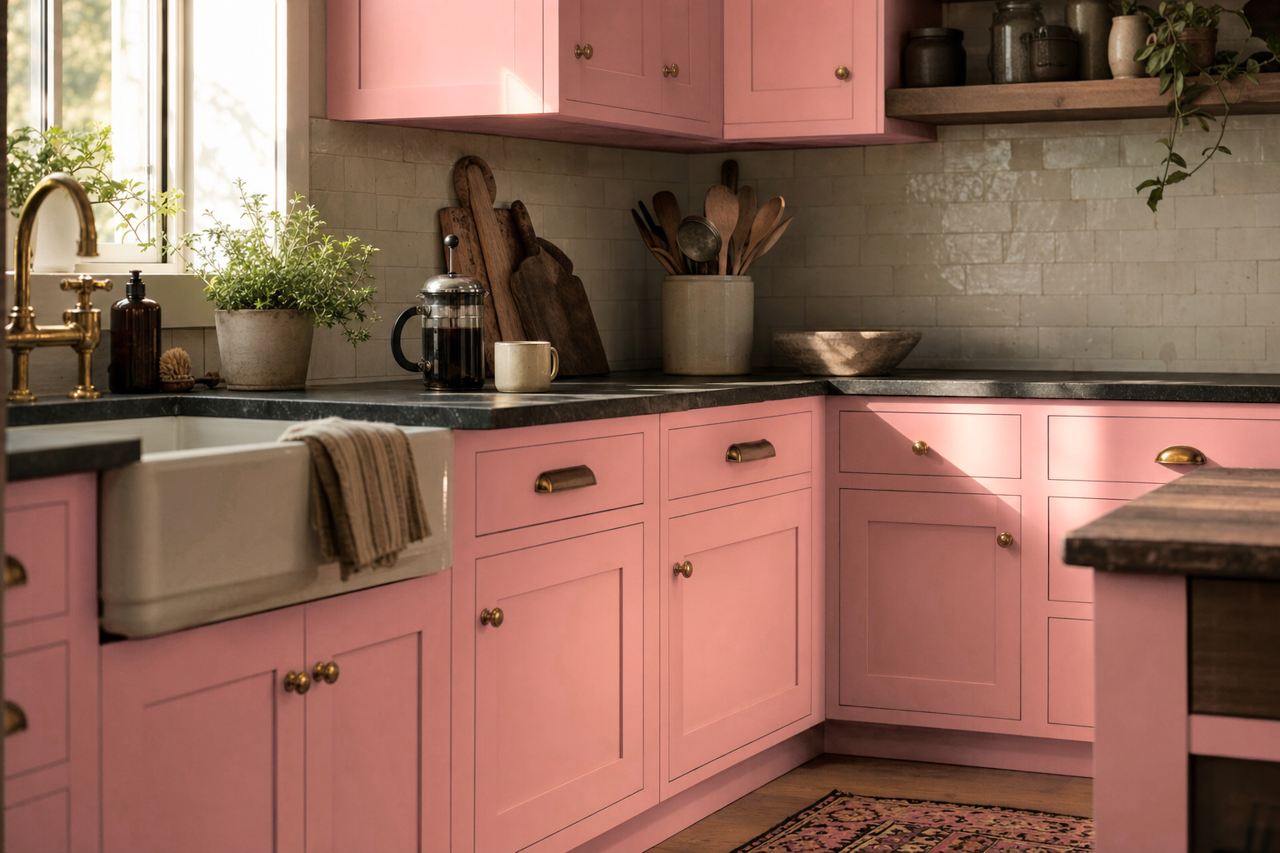 Pink by Benjamin Moore on cabinets