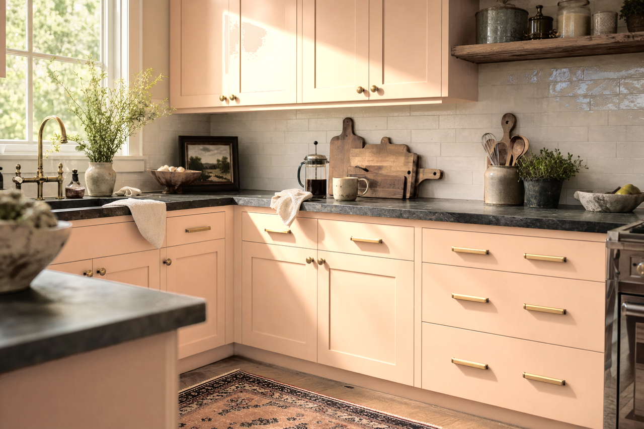Southern Peach by Valspar on cabinets