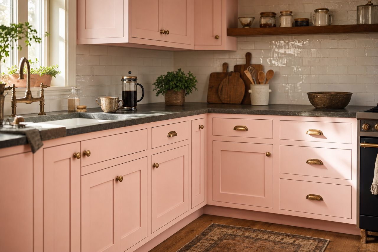 Pink by Benjamin Moore on cabinets
