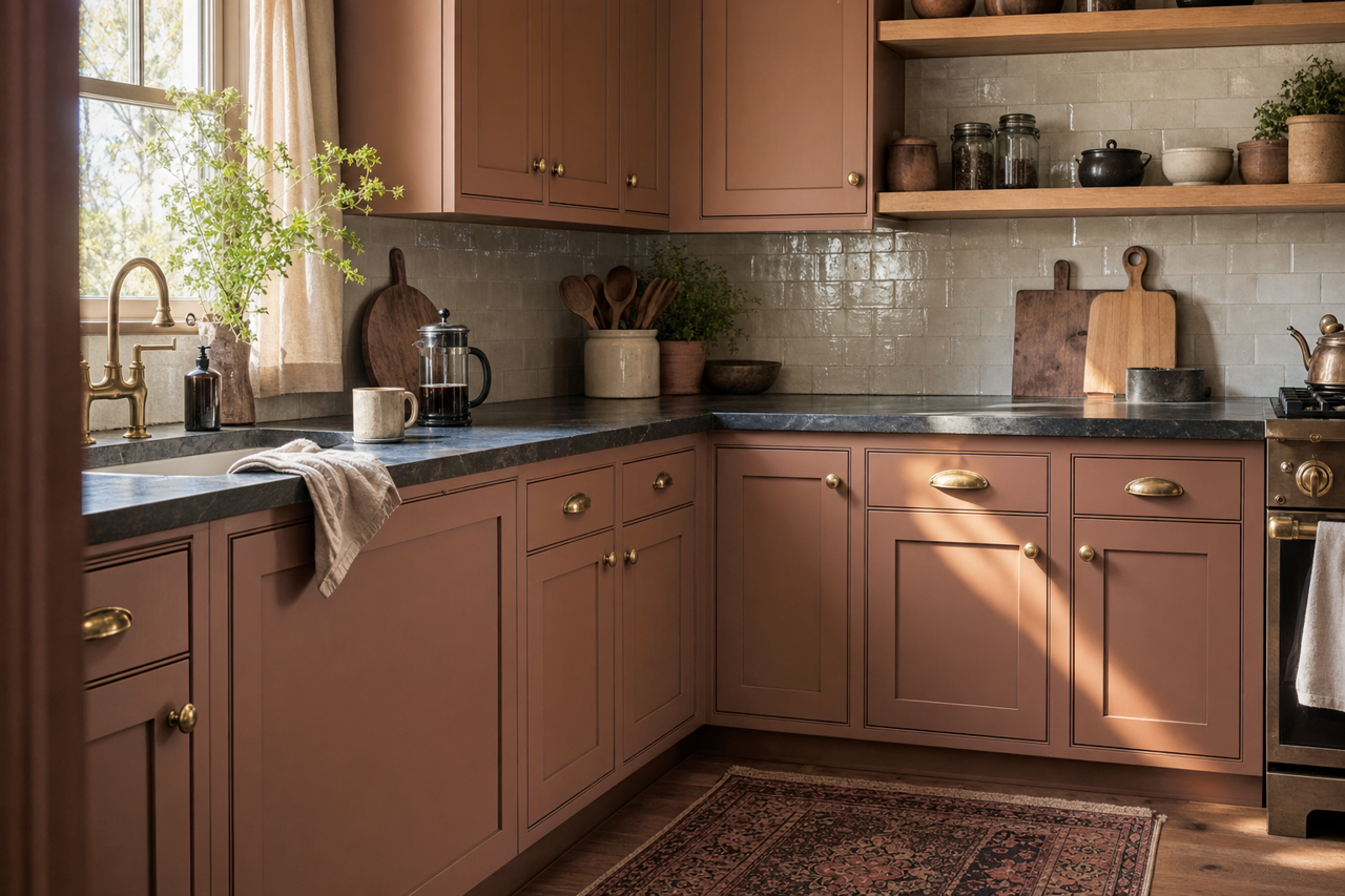 Chocolate Sauce by Valspar on cabinets