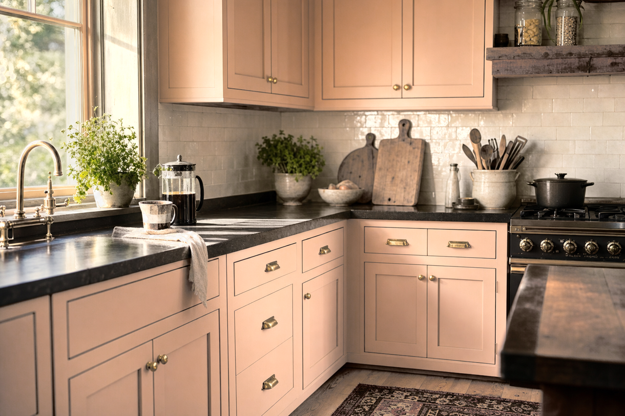 Estate Peach by Valspar on cabinets