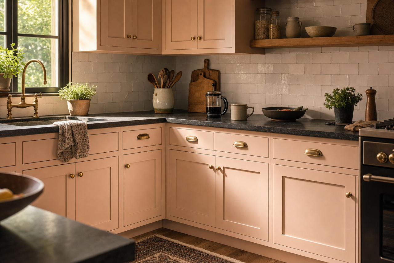 Simply Subtle Pink by Valspar on cabinets