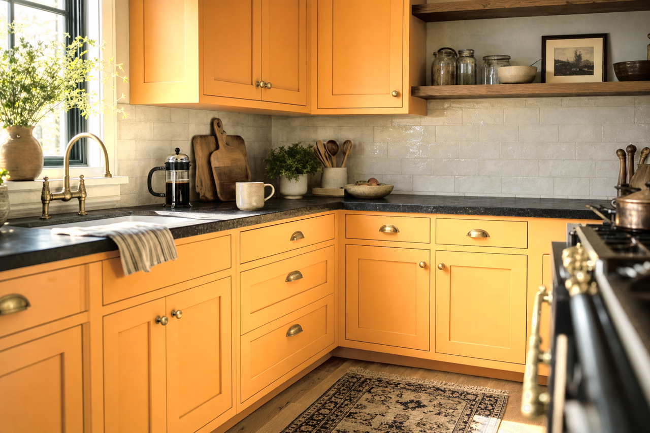 Orange Toffee by Valspar on cabinets