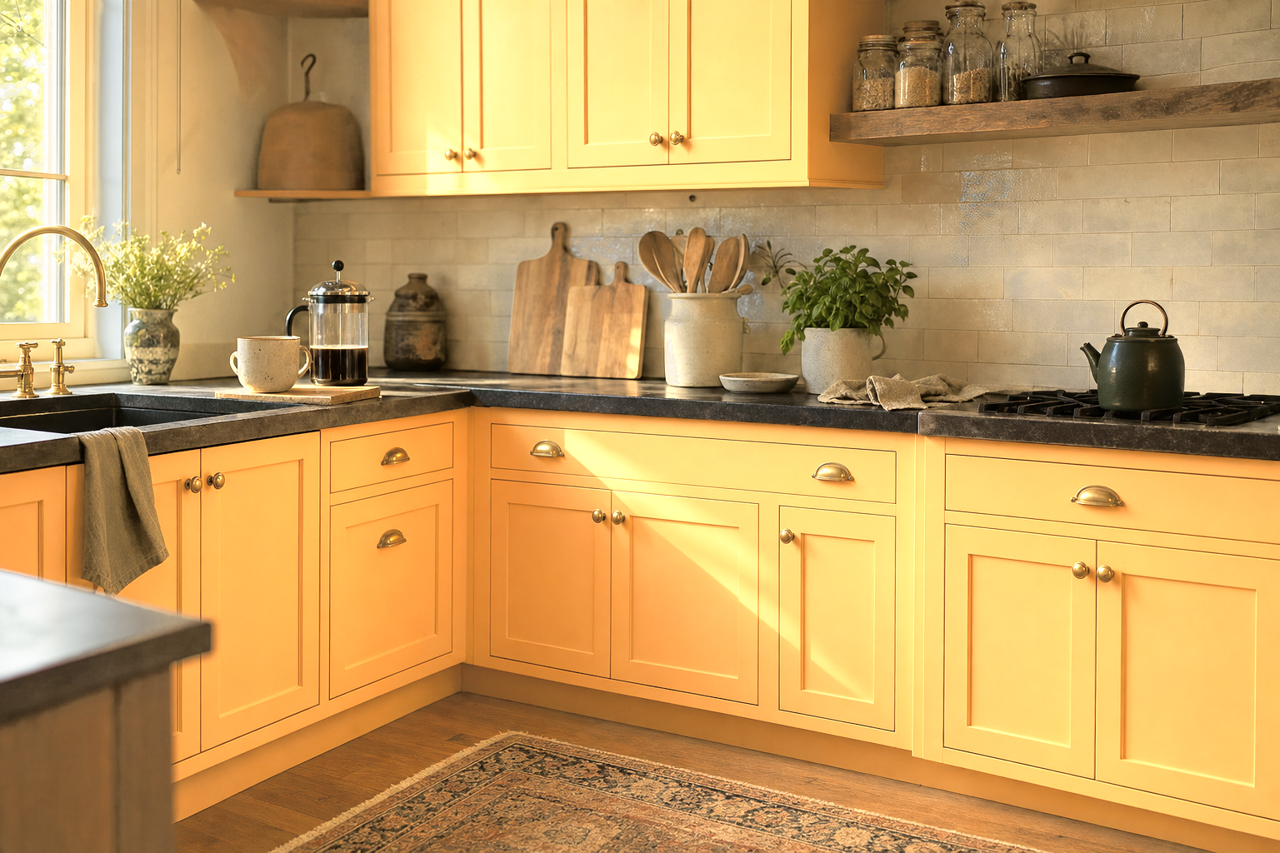 Cantaloupe Smile by Valspar on cabinets