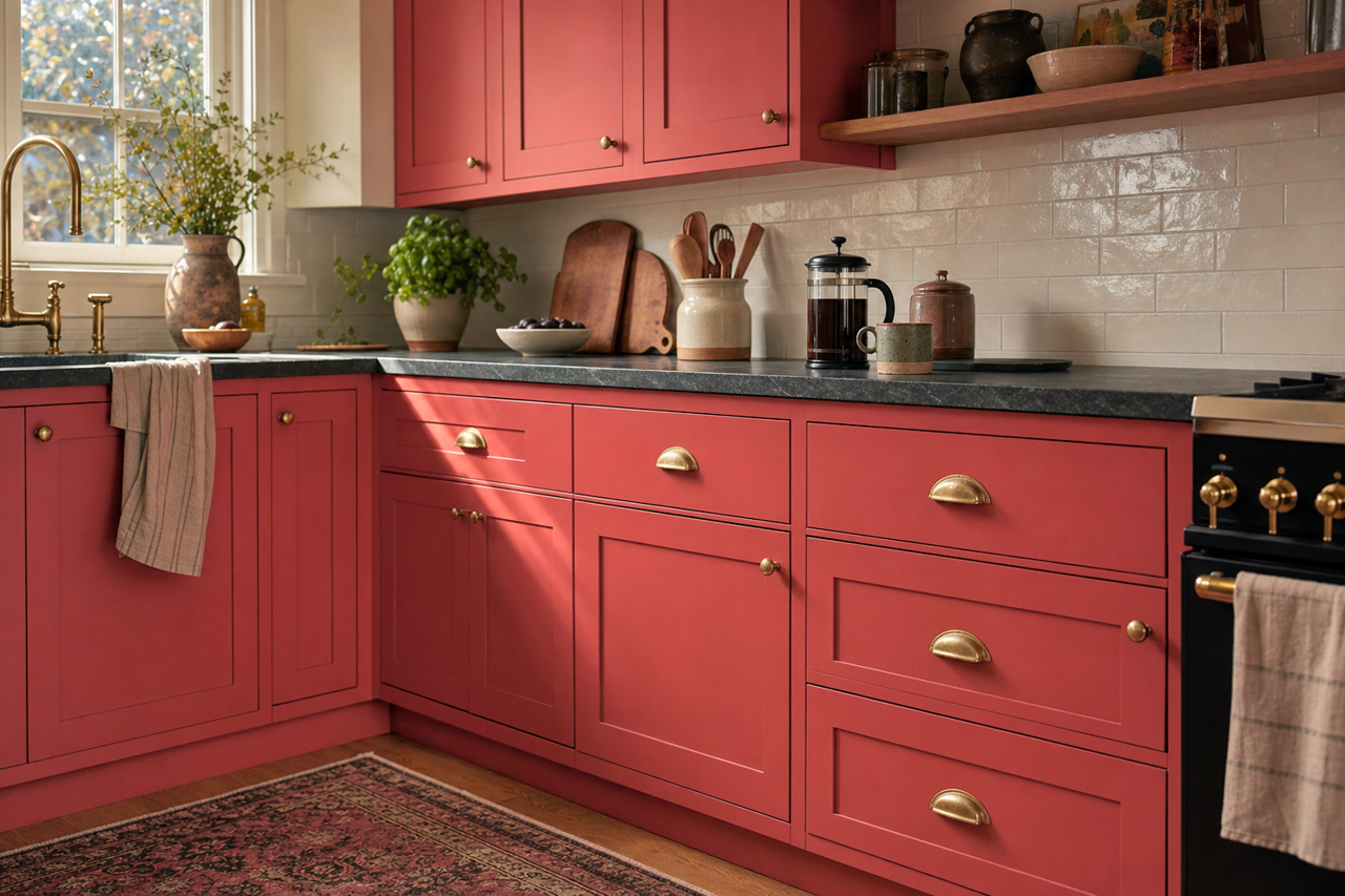 Rhubarb by Benjamin Moore on cabinets