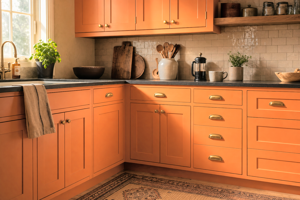Carrot Cake by Valspar on cabinets