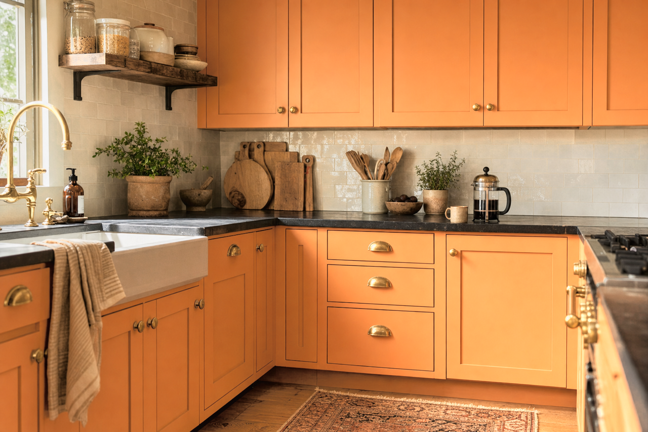 Brushed Orange by Valspar on cabinets