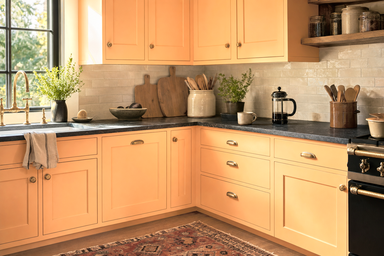 Tangerine Cream by Valspar on cabinets