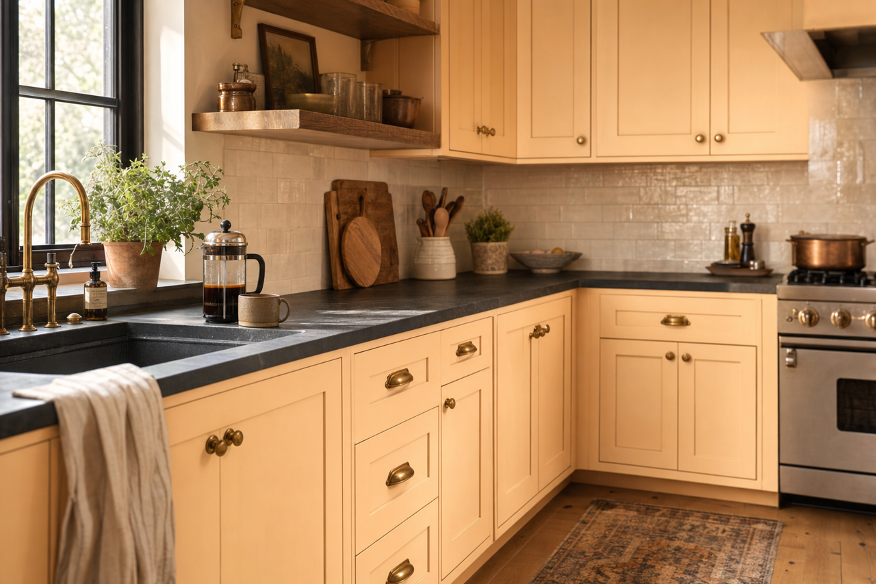Champagne Orange by Valspar on cabinets