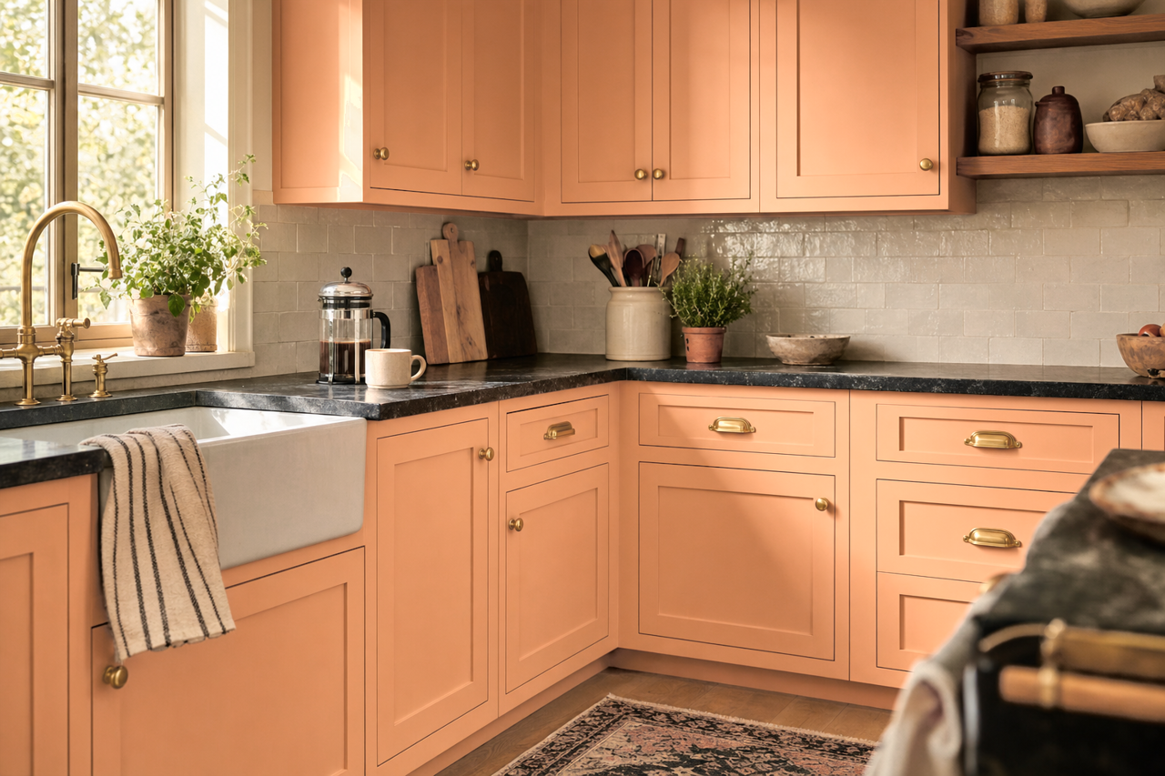 Peach Ice Cream by Valspar on cabinets