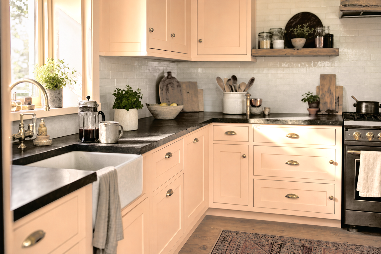 Peachy Confection by Valspar on cabinets