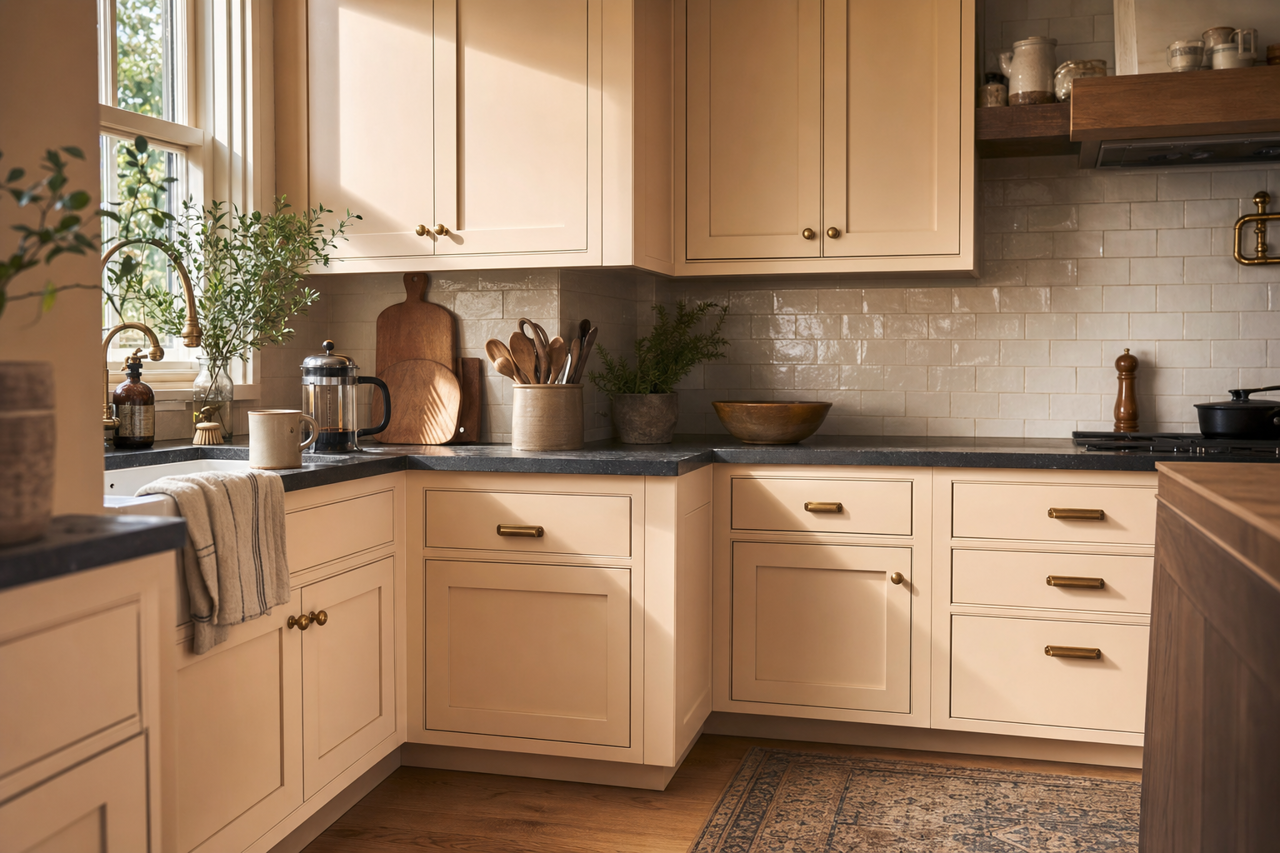 Cake Batter by Valspar on cabinets