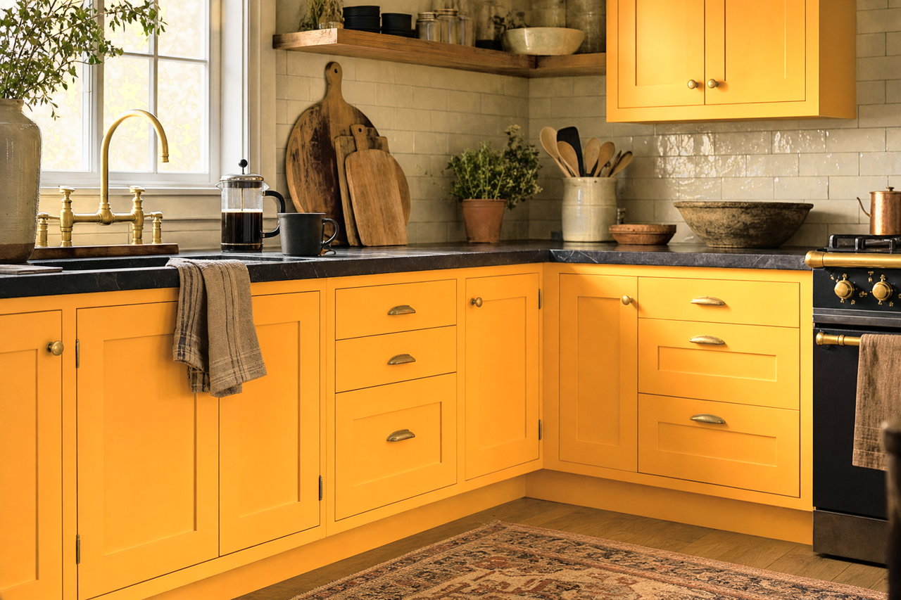 Spring Squash by Valspar on cabinets