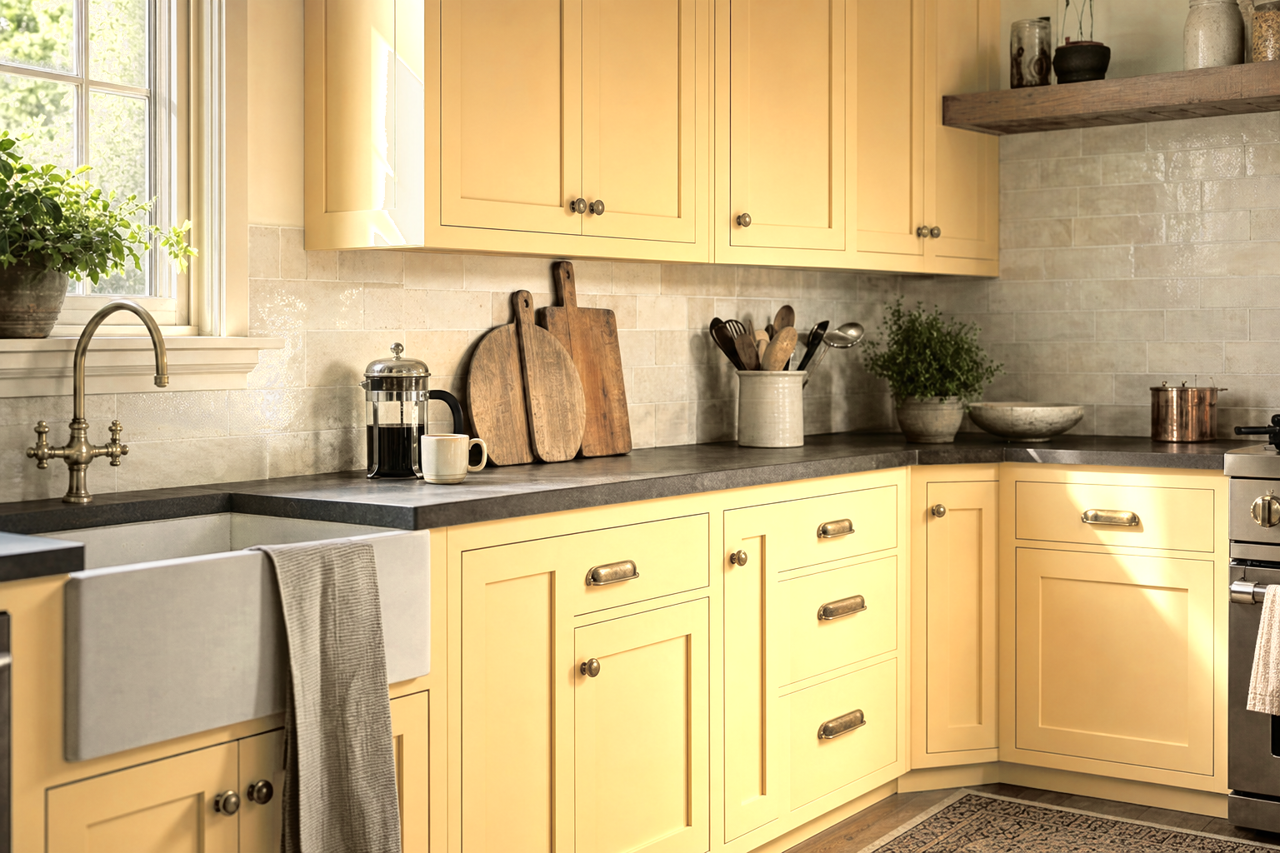Spun Honey by Valspar on cabinets