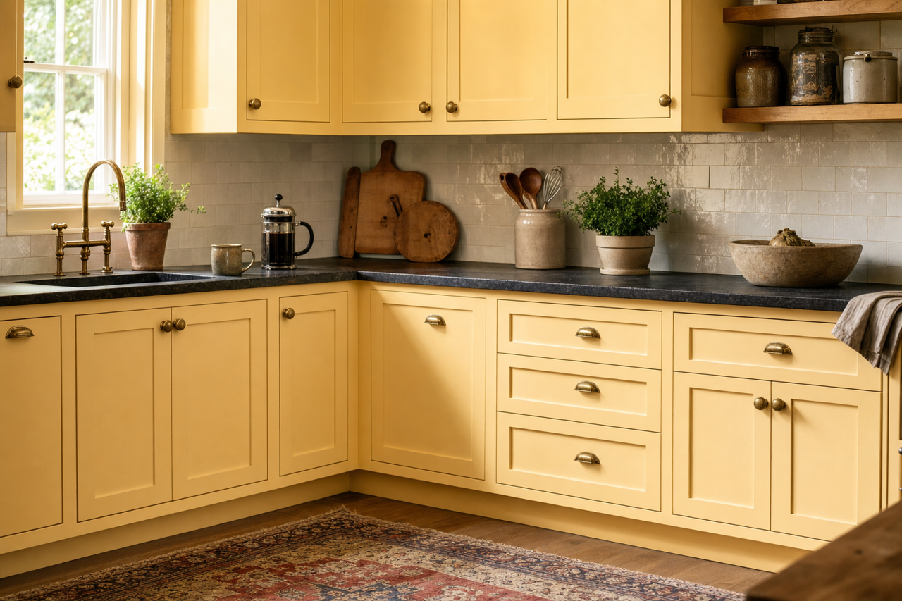 Lemon Sorbet by Valspar on cabinets