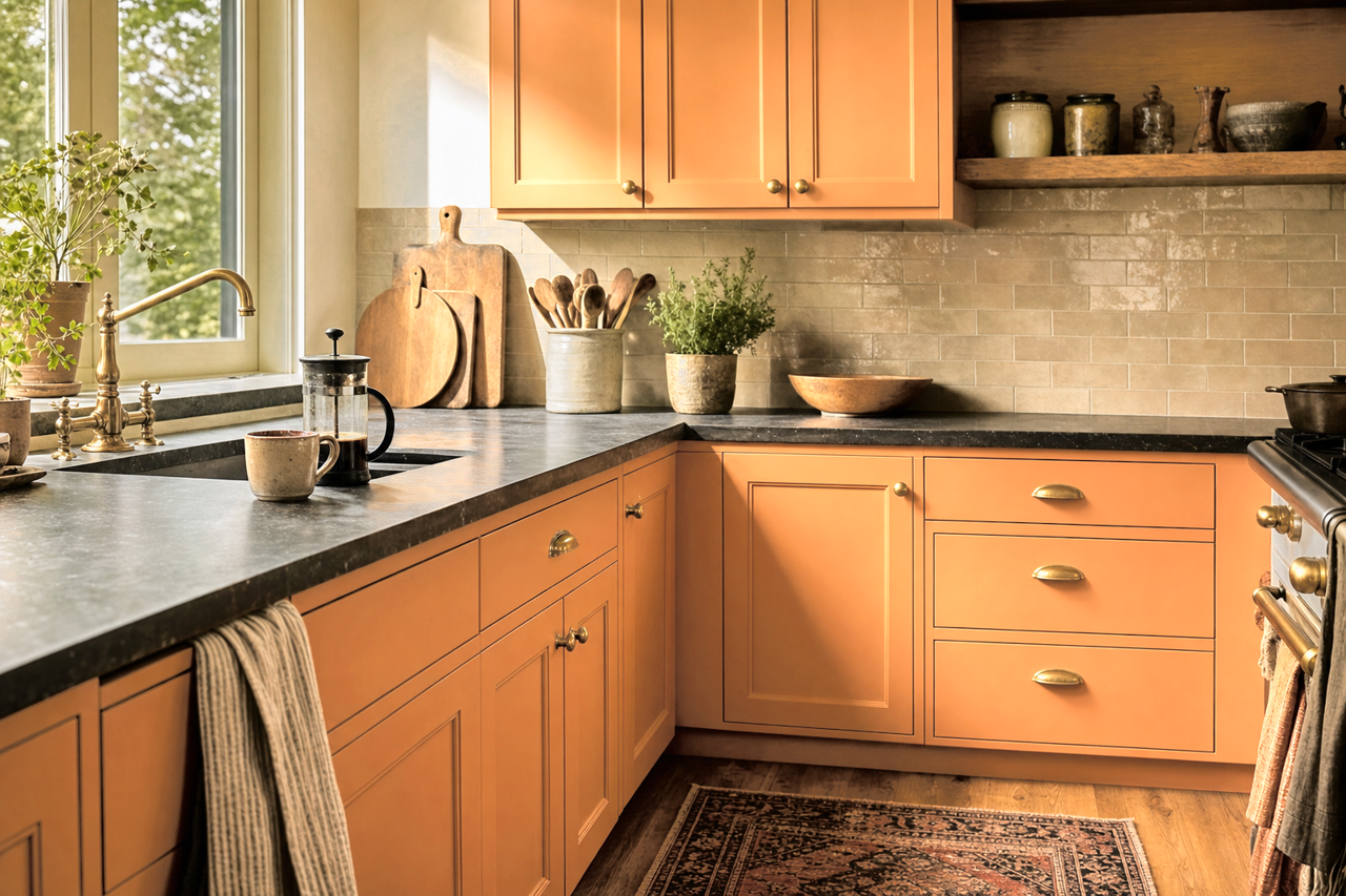 Butterscotch Sundae by Valspar on cabinets
