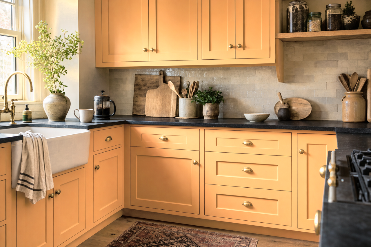 Honey Tea by Valspar on cabinets