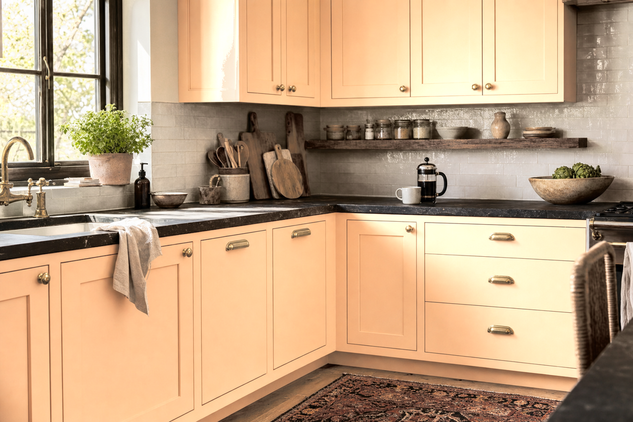 New Peach by Valspar on cabinets